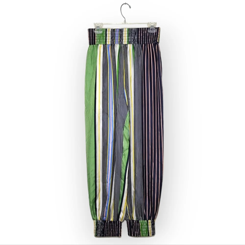 TORY BURCH Silk Pajama Pant Jogger in Field Day Stripes Blue Green Size 4